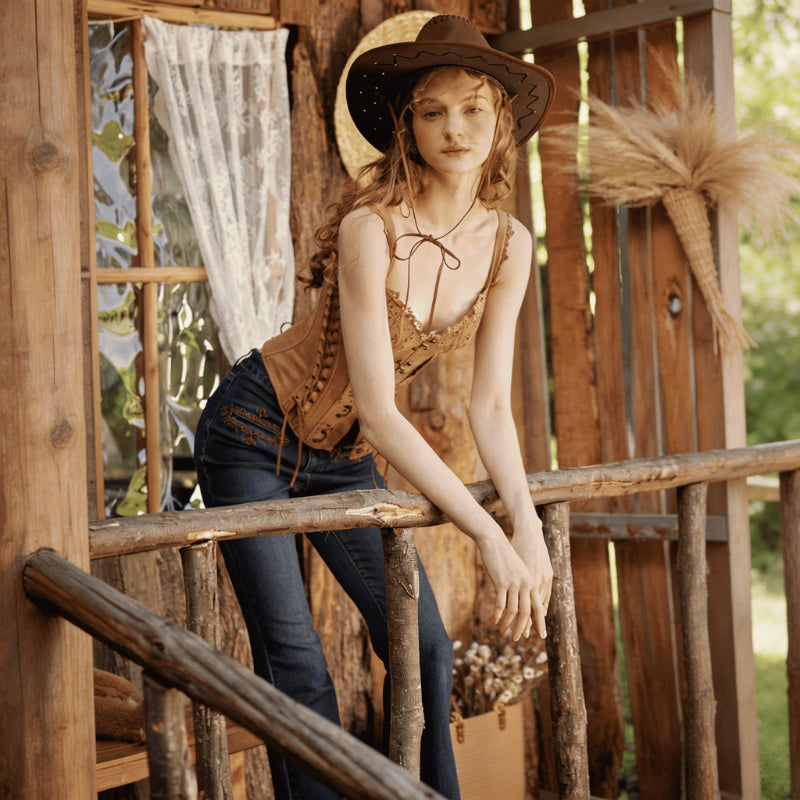 Vintage Bohemian Hollow Out Suede Fitted Corset