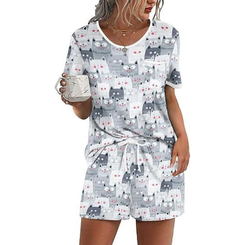Pajama Set for Women 2 Piece Lounge Set Short Sleeve Tops and Shorts Soft Sleepwear, Chest Pocket