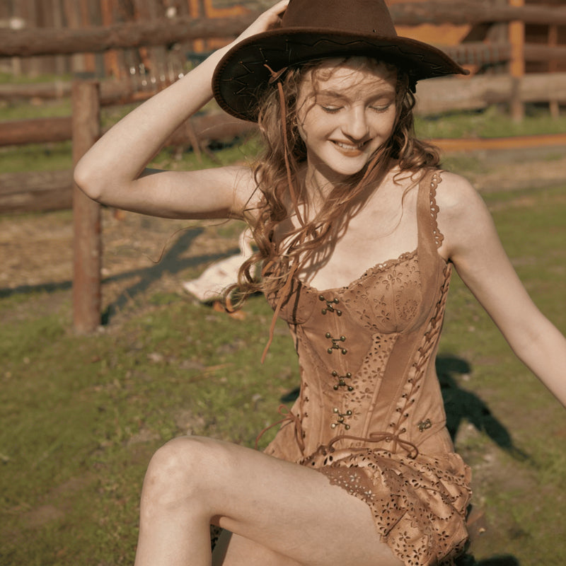 Vintage Bohemian Hollow Out Suede Fitted Corset