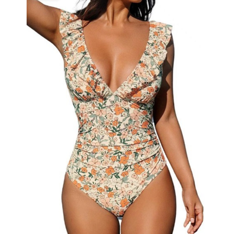 V-Neck Ruffled One-Piece Swimsuit