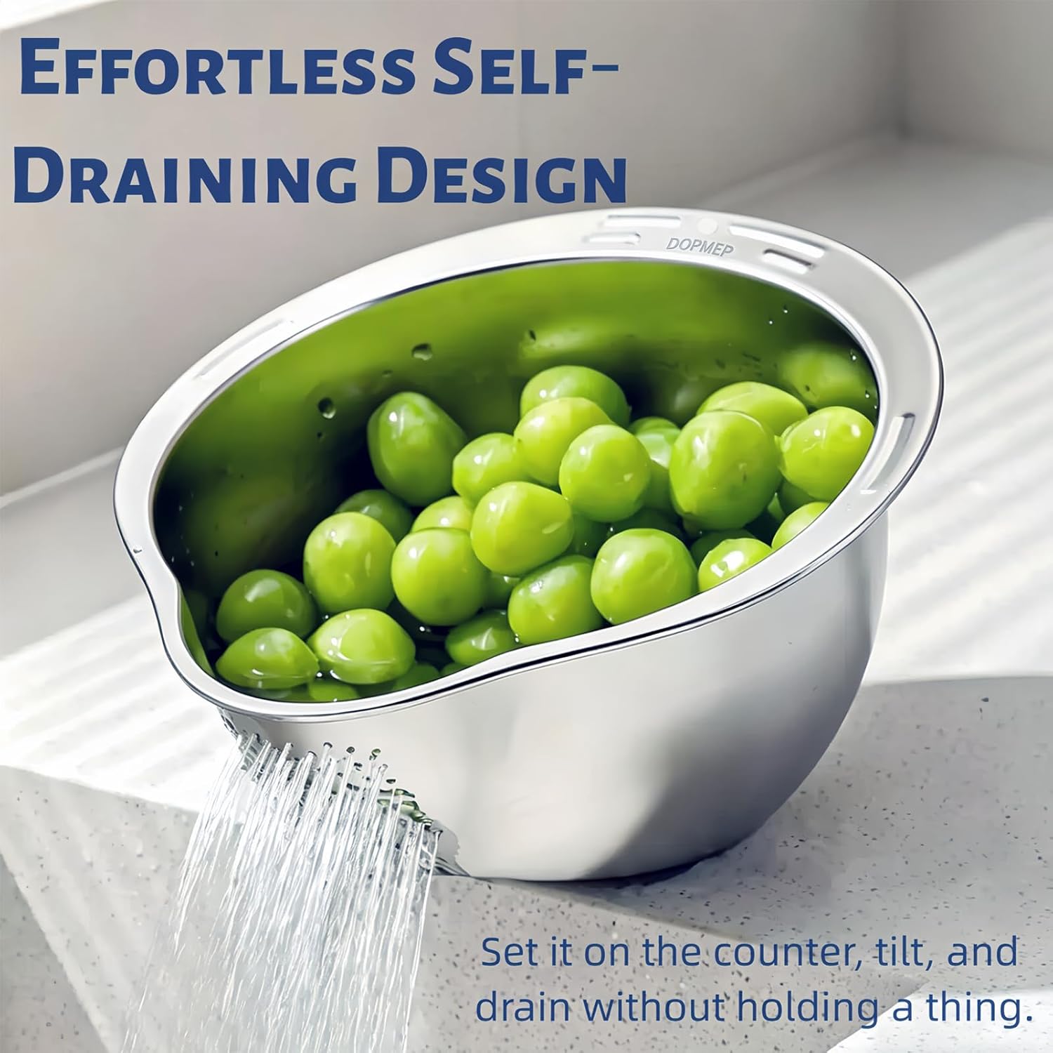 Rice Washer Strainer Bowl Stainless Steel Colander with Side Drainer | Ideal for Soaking, Washing, Cleaning, and Rinsing Rice, Fruits, Vegetables & Beans, Versatile Kitchen Tool