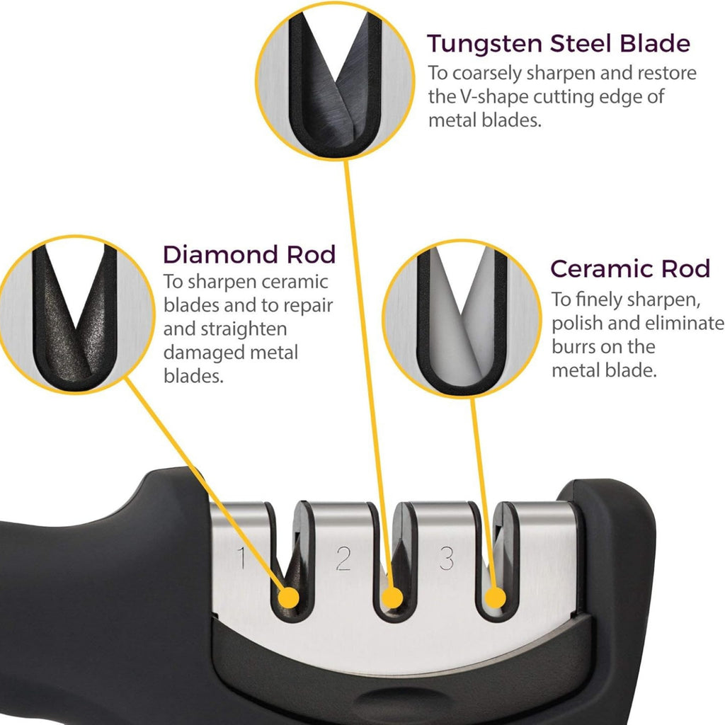 4-in-1 Kitchen Knife Accessories: 3-Stage Knife Sharpener Helps Repair, Restore, Polish Blades