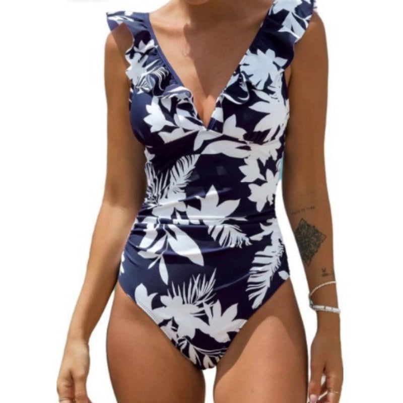 V-Neck Ruffled One-Piece Swimsuit