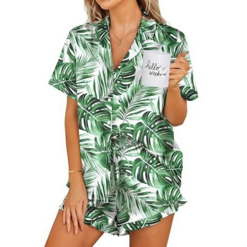 Womens Satin Pajamas Set Button Down 2 Piece Silk Pjs Shorts Set Ruffle Lingerie Notch Collar Sleepwear