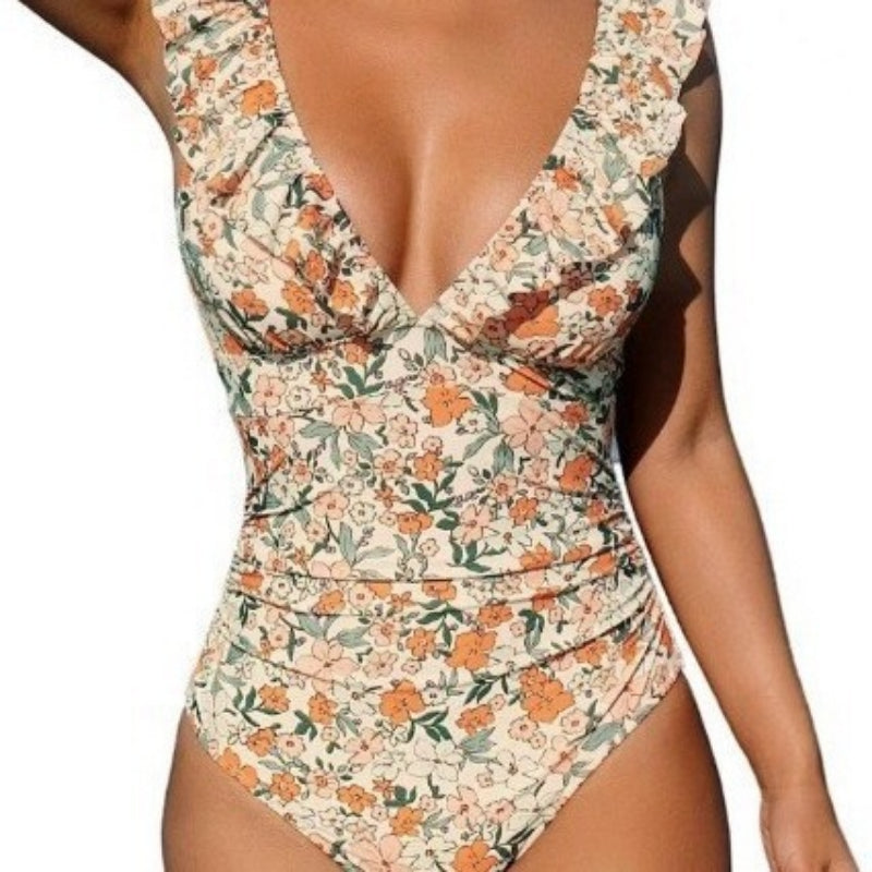 V-Neck Ruffled One-Piece Swimsuit