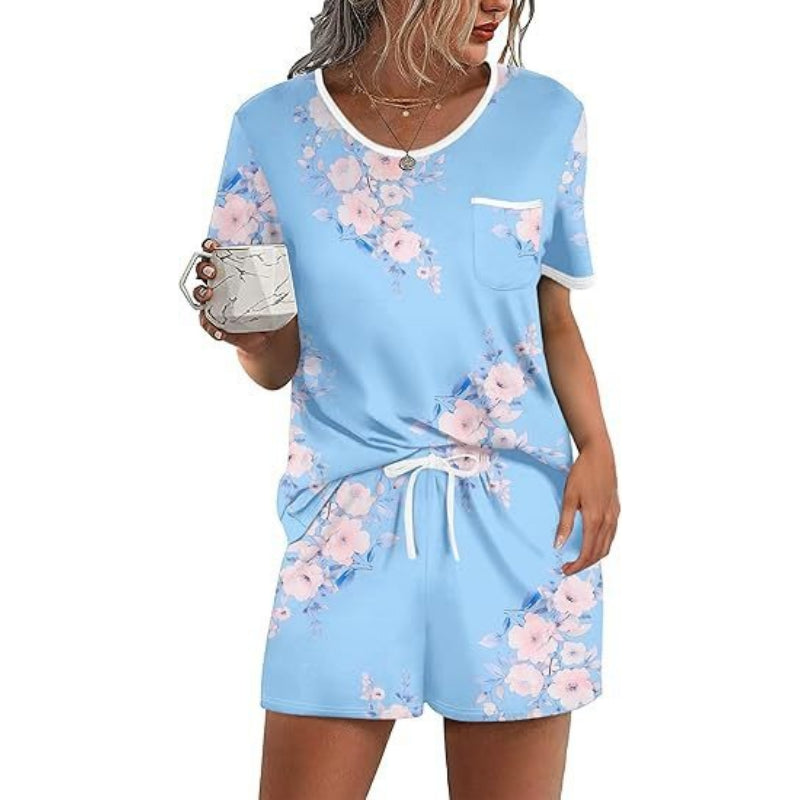 Pajama Set for Women 2 Piece Lounge Set Short Sleeve Tops and Shorts Soft Sleepwear, Chest Pocket