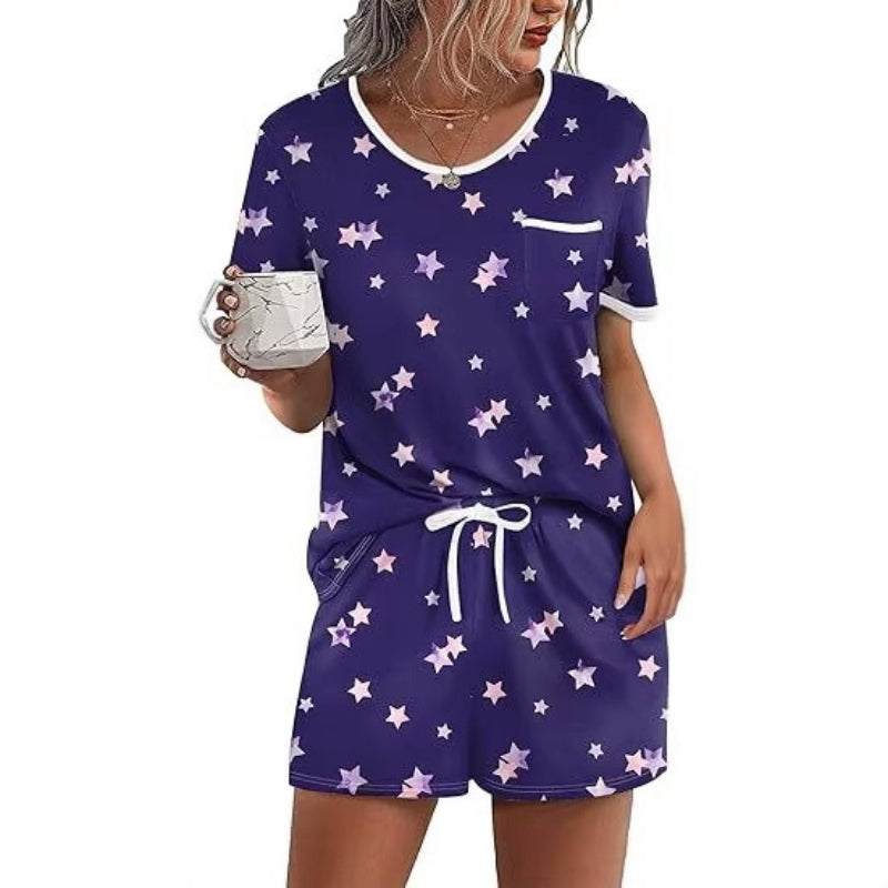 Pajama Set for Women 2 Piece Lounge Set Short Sleeve Tops and Shorts Soft Sleepwear, Chest Pocket