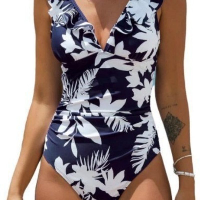 V-Neck Ruffled One-Piece Swimsuit
