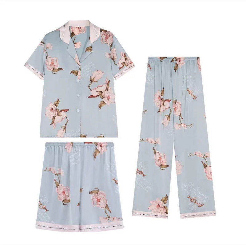 3Pcs Printed Ice Silk Faux Silk Pajama Loungewear Set