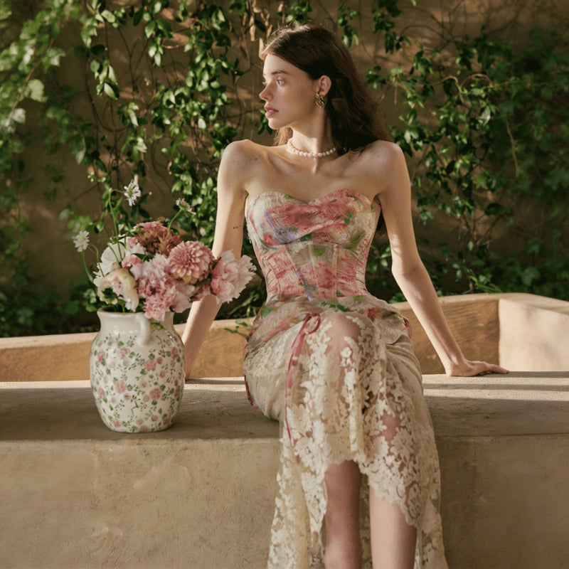 Lace Boned Tube Top & Slim-Fit Skirt Two-Piece Set