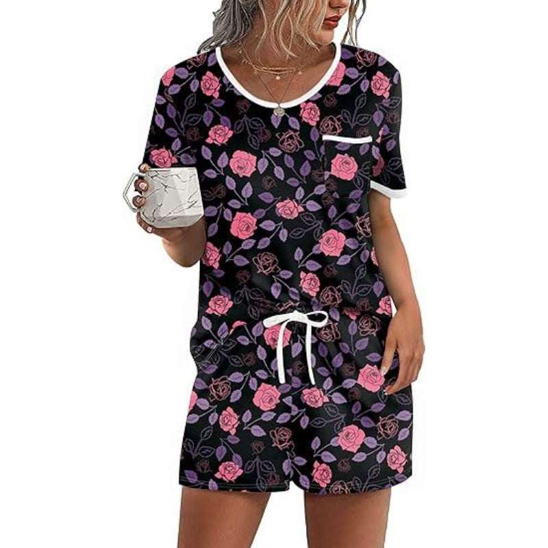 Pajama Set for Women 2 Piece Lounge Set Short Sleeve Tops and Shorts Soft Sleepwear, Chest Pocket