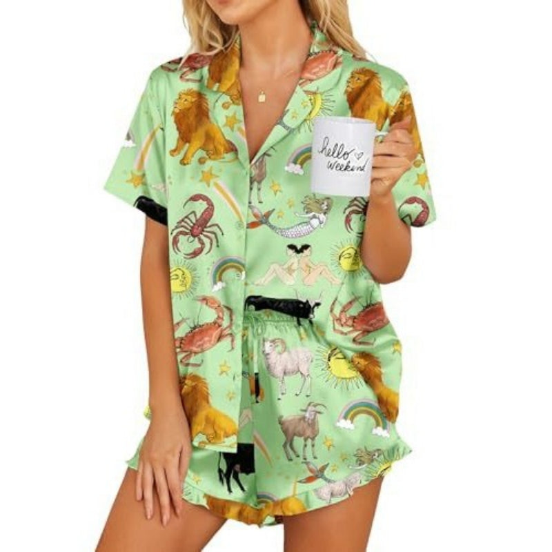 Womens Satin Pajamas Set Button Down 2 Piece Silk Pjs Shorts Set Ruffle Lingerie Notch Collar Sleepwear