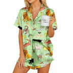 Womens Satin Pajamas Set Button Down 2 Piece Silk Pjs Shorts Set Ruffle Lingerie Notch Collar Sleepwear
